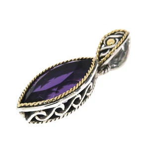 Bali Design Jewelry 925 Silver 18K Yellow Gold Marquise Amethyst Cable Pendant - Picture 1 of 3
