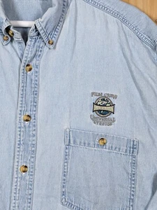 VTG Universal Studios Film Crew Denim Shirt Large Blue Embroidered 90s Chambray - Picture 1 of 15