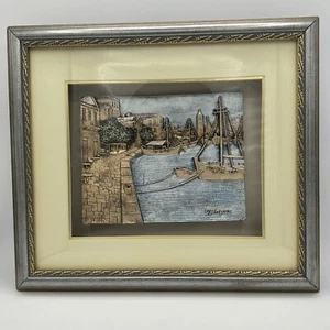 3D Framed Art Mediterranean Scene Boat Harbor Metallic 15.5 X 13.5 Inch - Picture 1 of 9