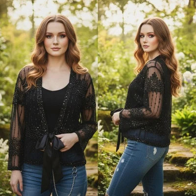 Chaqueta Bolero Whimsigoth Negra Adornada con Cuentas Transparentes Kimono Cárdigan Corbata Foto 1 de 4