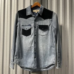 Lucky Brand Remade Western Shirt Mens XS Blue Denim Black Suede Snap Fall 2018 - Picture 1 of 7