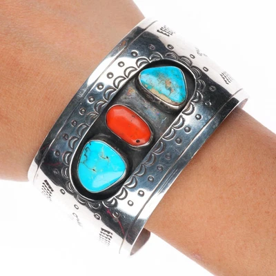 7" big vintage Navajo sterling silver, turquoise, coral shadowbox cuff bracelet - Image 1 of 4