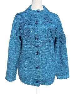 Chunky Artisan Nordic Granny Hand Knit Blue-Teal Cozy Cabin Cardigan Sweater - Picture 1 of 10