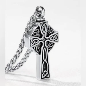 Stainless Steel Celtic Cross Urn Necklace for Ashes Spiga Chain  NIB - Picture 1 of 7