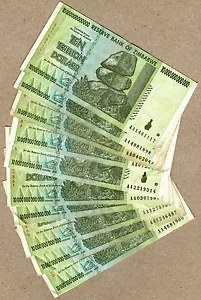Zimbabwe 10 Trillion Dollars x 10 pcs AA 2008 P88 VF currency bills - Picture 1 of 2