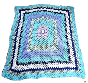 Crochet Knit Afghan Chair Throw Lap Blanket Blue Shades Cottage Cozy 51x 46 inch - Picture 1 of 3