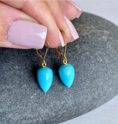 Turchese Lacrima 925 Argento Sterling Placcato Oro Orecchini Pendenti Per Donna - Immagine 1 di 4