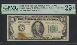 Fr.2152-Km* 1934 $100 DALLAS ***MULE STAR*** BP 122 FRN ONLY 4 KNOWN PMG 25 RARE - Picture 1 of 2