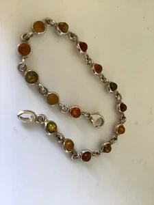 "PULSERA HECHA A MANO DE PLATA ESTERLINA Y ÁMBAR MULTICOLOR CABUJÓN REDONDO 7 3/4""" - Imagen 1 de 8