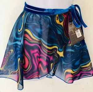 GK DANCE BALLET WRAP SKIRT CHILD MEDIUM ABSTRACT WAVE PATTERN BLUE VELVET TIE CM - Picture 1 of 5