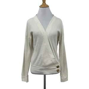 FP Beach Sweater Womens S Small Ivory Waffle Faux Wrap Wood Button Fee People - Picture 1 of 13