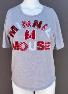 Disney Minnie Mouse Gray Top Tee L Red Embroidered Sequins Bow Short Sleeve - Picture 1 of 11
