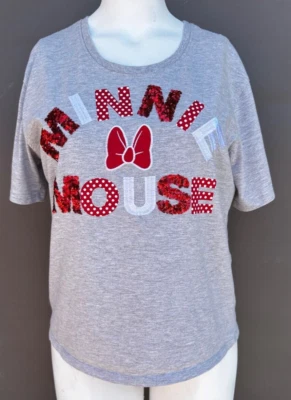 Camiseta Disney Minnie Mouse cinza L lantejoulas bordadas vermelhas laço manga curta - Imagem 1 de 4