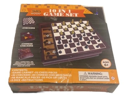 REAL WOOD GAMES 10 IN 1 GAME SET ALL WOOD FAMILY FUN-NEW & SEALED - Image 1 of 4