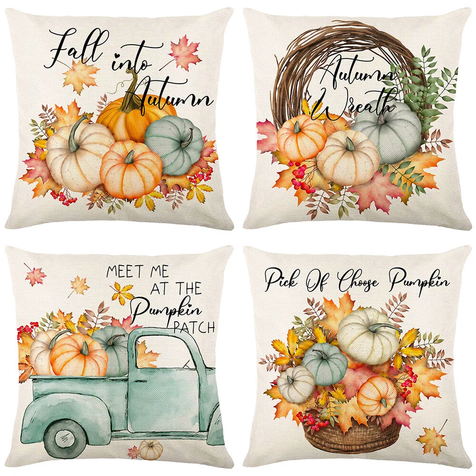 Fall Decor Throw Pillow Covers 18x18 Set of 4 Pumpkin Truck flowers Cushion Case - Image 1 of 4