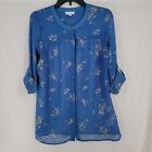 A Pea In The Pod Maternity Shirt Blue Floral Sheer Roll Tab Sleeves Womens Small