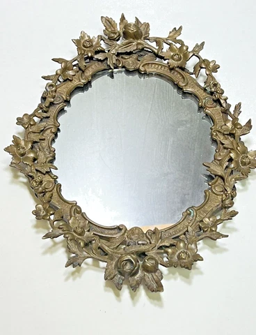 Antique Victorian Cast Brass Figural Floral Oval Ornate Wall Mirror Roses Flower Cover