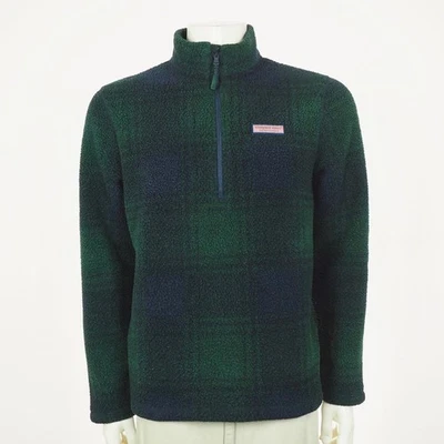 Vineyard Vines Pullover Fleece Jacket Mens Medium Green Blue Plaid Blend Mock - Image 1 of 4