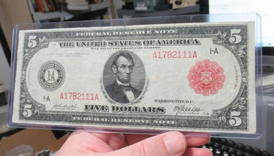1914 $5 Federal Reserve Note Boston (Rare RED Seal), NICE NOTE, Fancy # 1782-111 - Image 1 of 4