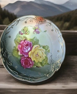 Piatto D Vintage C.T Germany Carl Tielsch Altwasser Dipinto a Mano Rose Bordo Oro 12" - Foto 1 di 4