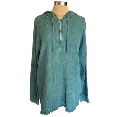 Easel Sage Green Hooded Tunic Gauzy Distressed Cotton Sz LARGE Boho Beachy Fall - Image 1 of 4