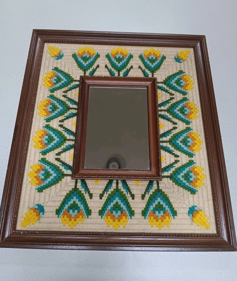 Vintage Floral Tulip Needlepoint Border Mirror Folk Art Cottagecore READ - Image 1 of 4
