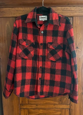 男式中号 M 校园坚固乡村衬衫羊毛亚麻布法罗格子红色黑色 — 第 1/4 张图片