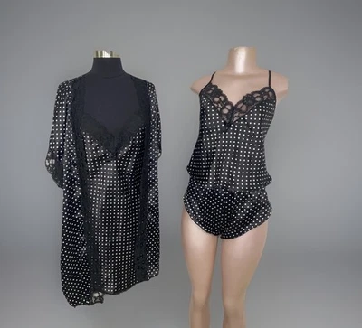 4 piezas Vintage Años 90 Y2K Negro Satinado Lunares Bata Camisón Top Tap Pantalones Pequeños Foto 1 de 4