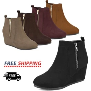 Women's Suede Wedge Heel Ankle Boots Side Zip Winter Warm Boots US Size 5-11 - Picture 1 of 38