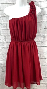 Miso Red A-Line Dress One Shoulder Size 8 Party Rosette Flower Chiffon Christmas - Picture 1 of 9
