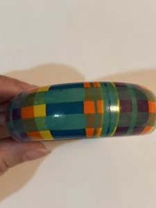 Vintage Armreif Armband bunt kariert türkis blau orange gelb aus Indien - Bild 1 von 5