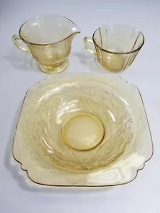 Federal Madrid Depression Amber Tea Cup Creamer and Square Bowl - Picture 1 of 10