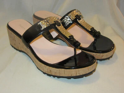 *NUEVO* SANDALIAS DE CUÑA DE CORCHO CON CORREA EN T CHAROL NEGRO ROSA TARYN NELLY ~ 6M Foto 1 de 4