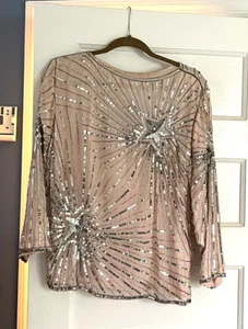 VINTAGE I. MAGNIN MAUVE PINK TOP BLOUSE SILVER SEQUINS & BEADS STAR DESIGN SZ 40 - Picture 1 of 19
