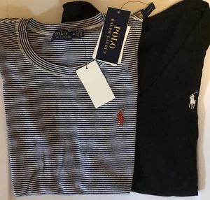 Lot Of 2 Polo Ralph Lauren Womens 100% Cotton T-Shirts Black/Striped Blue Sz M - Picture 1 of 7