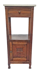 Antique 1920s French Oak Nightstand Carved Oak Tree & Acorn Design White Marble - Picture 1 of 22