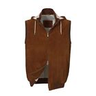 Hooded Leather Vest In Gingerbread Genuine Leather
