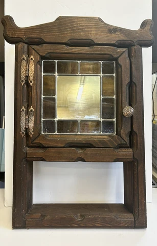 Vintage Brown Leaded Stained Glass & Wood Curio Medicine Cabinet W/ Mirror Cover