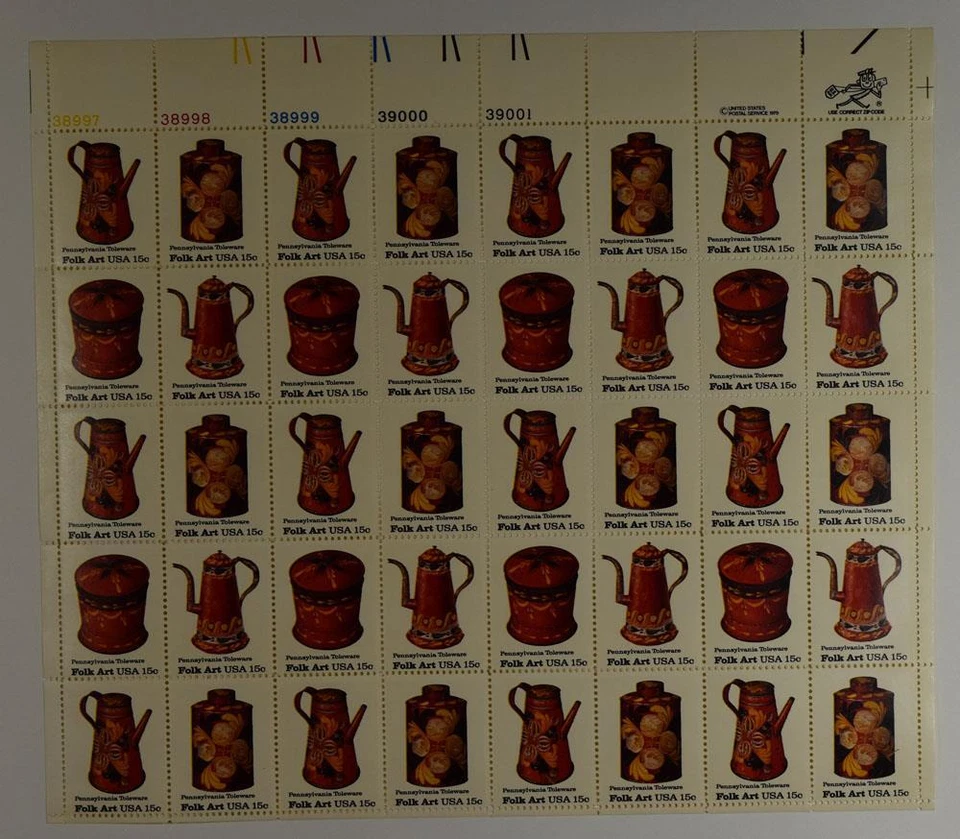 US SCOTT 1775-78 PANE OF 40 FOLK ART STAMPS 15 CENT FACE MNH - Image 1 of 1
