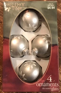 Holiday Time 1 Set of 4 Glass Ornaments 2 5/8" Silver Embellished Silver Glitter - Picture 1 of 3