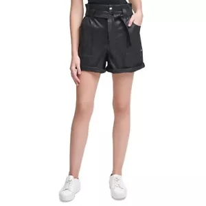 Calvin Klein Womens XL Black Faux Leather Paperbag Tie Belted Shorts NWT BQ61 - Picture 1 of 5