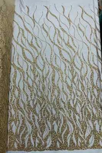 Flaming Fire Design Bead Fabric - Gold - Beaded Embroidered Fabric By Yard - Picture 1 of 4