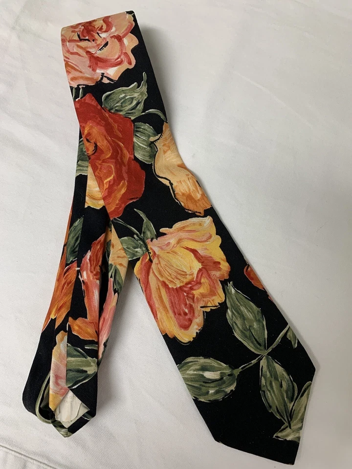 CORBATA VINTAGE NEGRA FLORAL BOSTON TRADER ROSAS HIBISCO? ¡DIVERSIÓN TROPICAL! Foto 1 de 4
