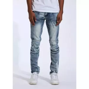 Crysp Denim Men's Biker Moto Distressed Rip & Repair Skinny Fit Stretch Jeans - Picture 1 of 6