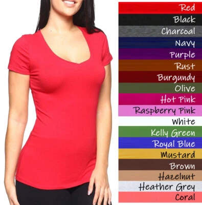 BOZZOLO V-Neck Short Sleeve T Shirt Basic Plain Solid Top Stretchy Cotton Tee - Image 1 of 4
