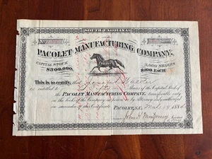 1884 Certificate 50 Shares Pacolet Manufacturing Company, South Carolina Mills - Foto 1 di 3