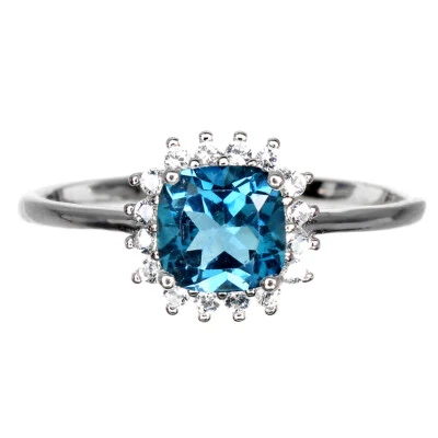 925 Anello Argento Sterling Cuscino London Topazio Blu 6mm Gemma Gioielli - Immagine 1 di 4