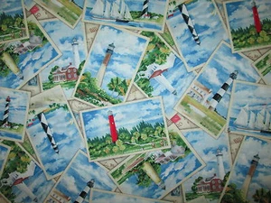 LIGHTHOUSES LIGHT HOUSES SQUARES POST CARDS BLUE SKY SEA COTTON FABRIC BTHY - Picture 1 of 8
