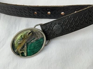 Black Embossed Genuine Leather Belt With 1984 Bergamot 3D Fish Belt Buckle - Picture 1 of 5
