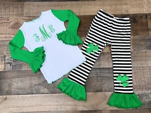 St. Patricks Day Shamrock Clover Personalized Ruffled Pants & Tee Girl Outfit - Picture 1 of 1